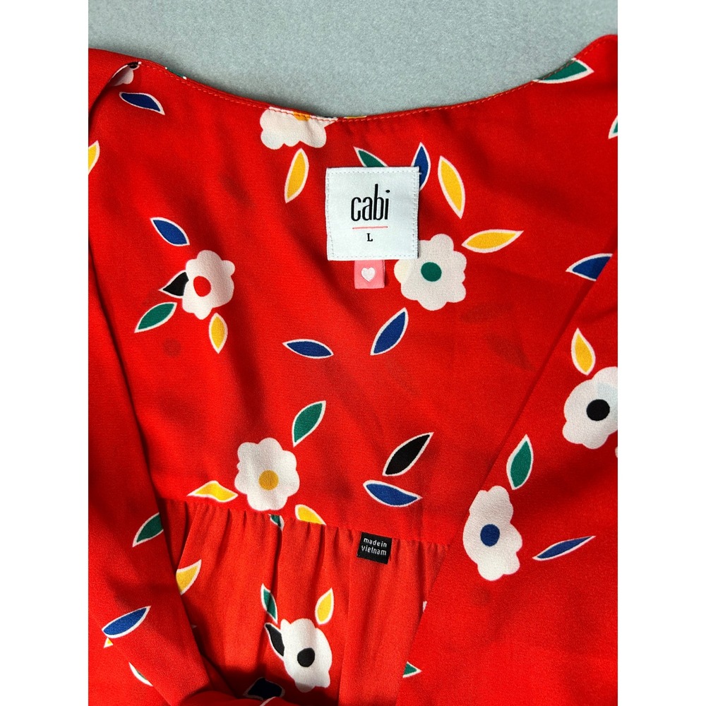 Cabi 5734 The Catch Top Red Large Floral Tie Neck Sleeveless Blouse Summer - Picture 3 of 6